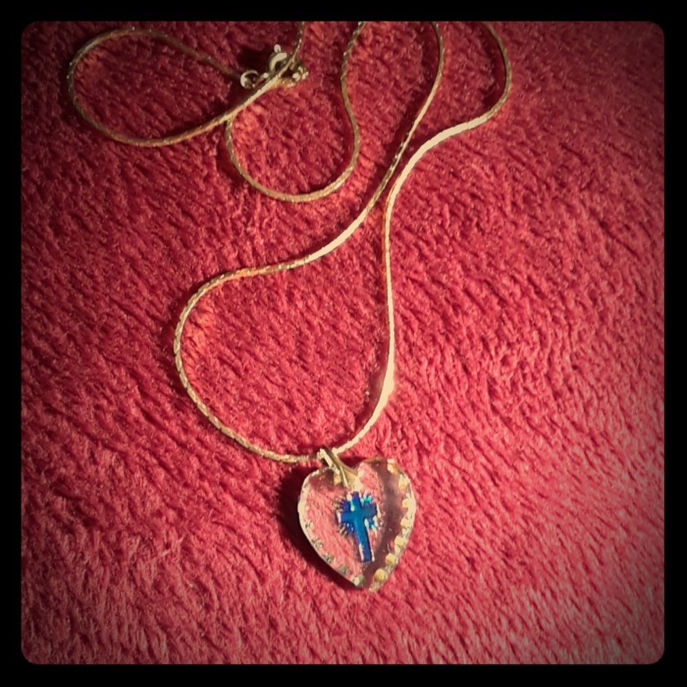 Blue Cross on Heart Pendant with Gold Chain